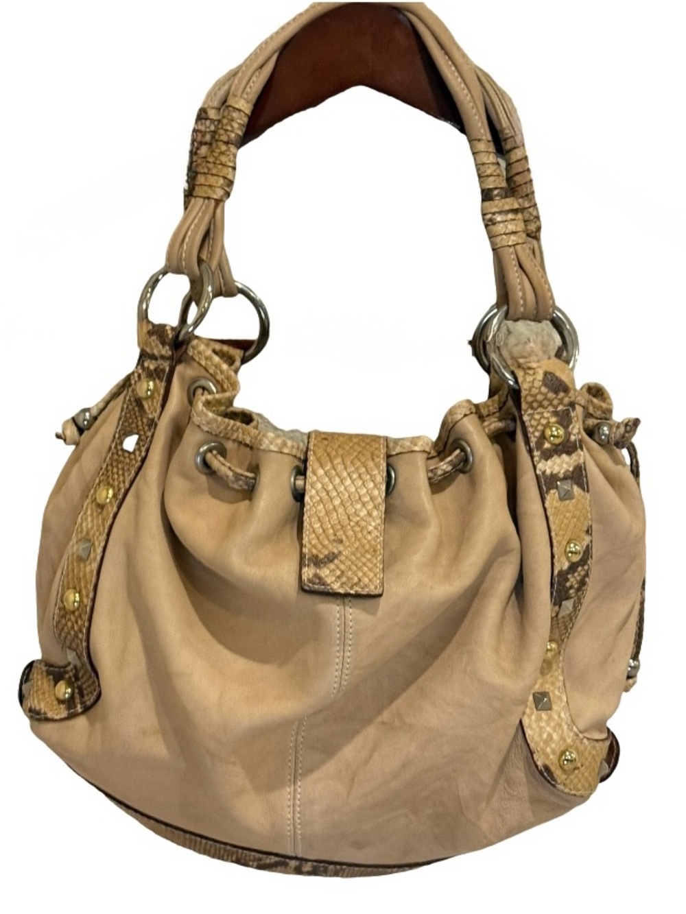 MANIA Italy Studded Python Leather Hobo | Boho Luxe & Mob Wife Chic Tan